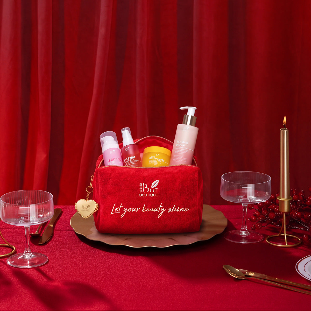 Pochette di natale in spugna con portachiavi specchietto -Rossa | Eco Bio Boutique